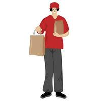 lächelnd Mann im rot Uniform von Kurier Lieferung Dienstleistungen halten Papier Taschen. Lieferung Bedienung Konzept vektor