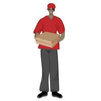 lächelnd Mann im rot Uniform von Kurier Pizza Lieferung Dienstleistungen halten Pizza Kisten vektor