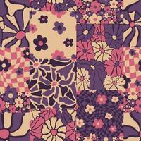 nahtlos Patchwork Muster mit retro groovig Blumen . Sommer- einfach abstrakt Design im naiv Kunst Stil. 60er Jahre Jahrgang Stil Pflanzen. bunt psychedelisch Hintergrund. Vektor Illustration