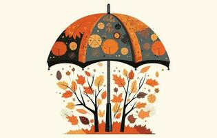 Herbst Regenschirm Vektor Illustration, Herbst fallen, Blätter von Eiche, Kastanie, Hasel im ein Regenschirm mit das Inschrift Hallo Herbst