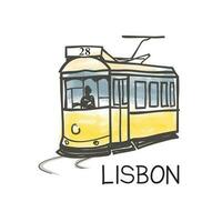 lissabon stad landmärke känd årgång gul spårvagn 28, de äldsta europeisk offentlig transport av de gammal stad, Lissabon, portugal. retro affisch turist attraktion vektor illustration.