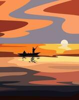 kväll landskap med en solnedgång med en damm och en silhuett av fiskare i en båt. vektor