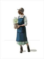 Frau Gärtner im ein Hut und Schürze mit ein Blume im ein Topf im ihr Hände. vektor