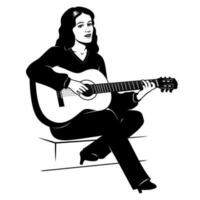 Silhouette von Sitzung Frau spielen auf akustisch Gitarre und Singen. schwarz und Weiß Schablone Vektor Clip Art. Treppe ist das trennen Objekt.