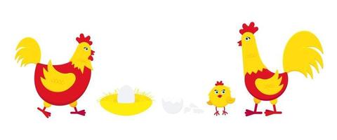 gul och röd kyckling med trasigt ägg, bo, tuppkuk och liten chick platt stil design vektorillustration vektor