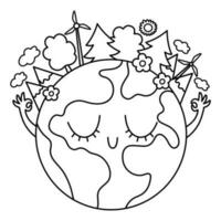 Vektor schwarz und Weiß Erde zum Kinder. Erde Tag Linie Illustration mit süß kawaii lächelnd Planet mit geschlossen Augen. Umgebung freundlich Symbol oder Färbung Seite mit Globus und Wald