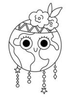 Vektor schwarz und Weiß Erde zum Kinder. Erde Tag Linie Illustration mit süß kawaii lächelnd Planet. Umgebung freundlich Symbol oder Färbung Seite mit Globus und Blumen auf oben