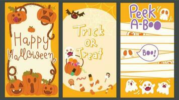 Gruß Karte Halloween Tag mit Text glücklich Halloween, Trick oder behandeln, spähen ein Buh. Orange Karte mit Halloween Thema. vektor