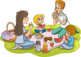 aktiv Erholung Familie mit Kinder. haben Picknick auf Sitzung Decke, Qualität Zeit zusammen, gehen, Ausgaben Zeit, haben Spaß, zusammen im Park auf Grün Rasen. vektor