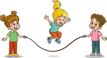 glücklich süß Kinder Junge und Mädchen abspielen springen Seil vektor