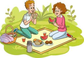 aktiva rekreation familj med barn. har picknick på Sammanträde filt, kvalitet tid tillsammans, gående, utgifterna tid, har roligt, tillsammans i parkera på grön gräsmatta. vektor