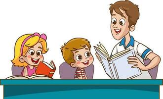 söt barn och far läsning tillsammans.lärare läsning böcker till barn. vektor