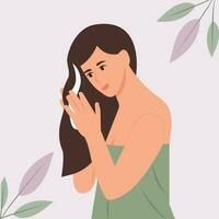 ein Mädchen gilt ein Maske zu ihr Haar. Frau nimmt Pflege Über ihr Haar, tun Zuhause Spa Verfahren. Haar Behandlung. gesund Haar. Vektor Illustration.