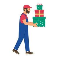 Kurier halten ein Stapel von die Geschenke im das Boxen. Weihnachten Lieferung Konzept. Vektor Illustration