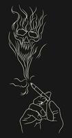 Verbrennung Zigarette mit ein Rauch gebildet Schädel. Vektor Linie Kunst Illustration. isoliert auf schwarz Hintergrund