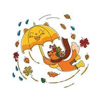 söt räv med en gul paraply promenader i de höst skog. höst säsong. barns illustration. vektor. vektor