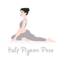 das Mädchen tut Yoga. Yoga Hälfte Taube Pose. das Bezeichnung von das Yoga Pose. Vektor eben Illustration