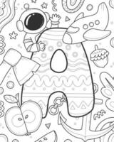 Färbung Alphabet mit Englisch Brief a. Kinder- Färbung Buch mit ein Astronaut, ein Apfel, ein Axt, ein Flugzeug, ein Anker, ein Eichel. Vektor linear schwarz und Weiß Illustration