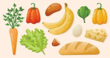 uppsättning av vektor isolerat realistisk mat illustrationer. färsk friska grönsaker och frukter, rå örter, bröd, ost och mjölk.