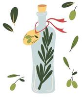 glasflaska med olivolja. oliv frukt, grenar träd och olivolja flaska. vegansk diet. perfekt för matlagning. designelement för etikett, emblem, banner. vektor platt illustrationer.