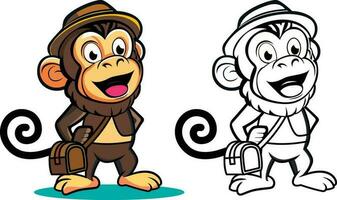 Tour leiten Affe Karikatur Maskottchen Charakter Vektor Illustration, Affe tragen ein Hut Tragen ein Tasche wie ein Tour leiten Vektor Bild