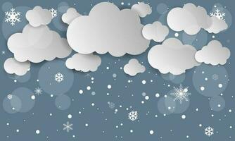 Illustration von Wolke und Schnee auf dunkel Hintergrund. Schneeflocke, Winter Jahreszeit, Papier Schnitt und Kunst Stil. eben Vektor Stil.
