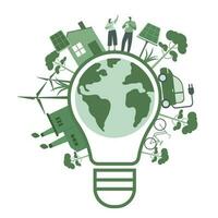 eco vänlig hållbar, ljus Glödlampa och klot med grön eco energi och klimat förändra problem begrepp. vektor design illustration.
