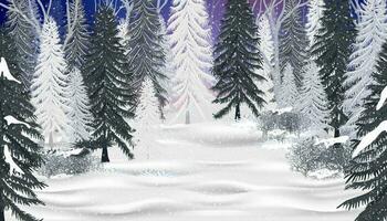 Weihnachten Hintergrund mit schön Winter Landschaft Szene schneebedeckt im Wald mit Schnee bedeckt Tannen, Nadelbaum Wald, fallend Schneeflocken Glitzer, Vektor Banner zum Neu Jahr Feiertagshintergrund