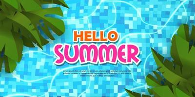 hallo sommerbanner poster pool illustration flach entspannen grüne tropische blätter vektor