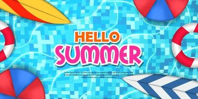 hallo sommerbanner poster pool illustration flach liegen mit surfbrett schwimmen entspannen vektor