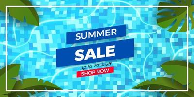 Sommerverkaufsangebot-Banner-Werbung mit Pool-Draufsicht-Abbildung flach entspannen tropische Blätter vektor
