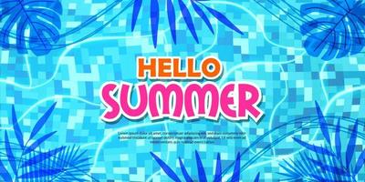 hallo sommerbanner poster pool illustration flach entspannen tropische blätter schatten vektor