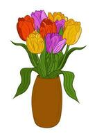 Vektor farbig Tulpen Bündel im Keramik Vase. isoliert eben Rot, lila und Gelb Gliederung Blumen auf Weiß Hintergrund. einzigartig Blumen- Illustration. geeignet zum Gruß Karte, Einladung, Banner