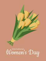 bukett av sju skön gul tulpaner på en rosa bakgrund. hälsning vår kort för kvinnor på internationell kvinnors dag Mars 8. vektor. vektor