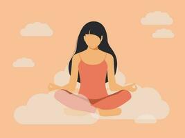 ein Frau Sitzung im ein Lotus Position meditiert während tun Yoga. mental Gesundheit Konzept. das Mädchen löscht ihr Gedanken und fühlt sich Licht wie wenn sie ist im das Wolken. zart Rosa verträumt Himmel Poster. Vektor. vektor