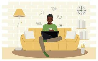 ein jung afrikanisch amerikanisch Kerl Sitzung auf ein Gelb Sofa funktioniert beim Zuhause entfernt mit ein Laptop während Quarantäne fällig zu Coronavirus. modern Konzept von Entfernung Lernen online. Vektor. vektor