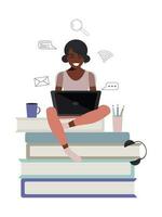 afrikanisch amerikanisch heiter weiblich Schüler ist Sitzung mit ein Laptop auf Selbstisolation. online Bildung Konzept im eben Stil. bleibe beim heim. Vektor. vektor