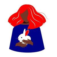 ein Mädchen mit lange üppig rot Haar und dunkel Haut hält ein süß Weiß Hase im ihr Hände auf ein Weiß Hintergrund. Tier Schutz Tag. glücklich Ostern. Vektor. vektor