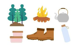 tecknad serie camping och vandring Utrustning tält och skog natur läger logotyp vektor