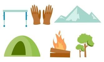 tecknad serie camping och vandring Utrustning tält och skog natur läger logotyp vektor