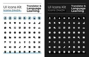 översättare glyf ui ikoner uppsättning för mörk, ljus läge. språk inlärning. silhuett symboler för natt, dag teman. fast piktogram. vektor isolerat illustrationer