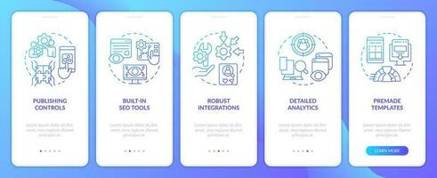 innehåll förvaltning systemet alternativ blå lutning onboarding mobil app skärm. genomgång 5 steg grafisk instruktioner med linjär begrepp. ui, ux, gui mall vektor