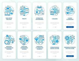 ict im Bildung Industrie Blau Onboarding Handy, Mobiltelefon App Bildschirme Satz. Komplettlösung 5 Schritte editierbar Grafik Anleitung mit linear Konzepte. ui, ux, gui Vorlage vektor