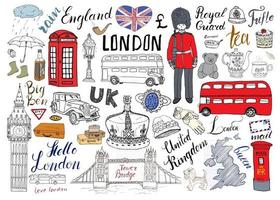 london city doodles element samling. handritad uppsättning med, tornbro, krona, big ben, kungliga vakt, röd buss och hytt, brittisk karta och flagga, tekanna, bokstäver, vektorillustration isolerad vektor