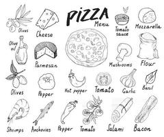 handgezeichnetes Skizzen-Set des Pizzamenüs. Designvorlage für die Zubereitung von Pizza mit Käse, Oliven, Salami, Pilzen, Tomaten, Mehl und anderen Zutaten. Vektorillustration lokalisiert auf weißem Hintergrund