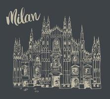 duomo kathedrale in mailand, italien. handgezeichnete Skizze des berühmten italienischen Kirchengebäudes mit Schriftzug Mailand, Vektor-Illustration isoliert auf weißem Hintergrund. vektor