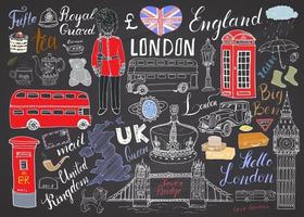 London City Doodles Elemente Sammlung. Hand gezeichnetes Set mit, Turmbrücke, Krone, Big Ben, königliche Wache, roter Bus und Taxi, britische Karte und Flagge, Teekanne, Beschriftung, Vektorillustration isoliert vektor