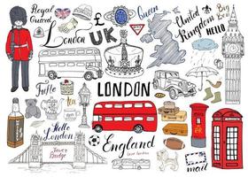 london city doodles element samling. handritad uppsättning med, tornbro, krona, big ben, kungliga vakt, röd buss och hytt, brittisk karta och flagga, tekanna, bokstäver, vektorillustration isolerad vektor