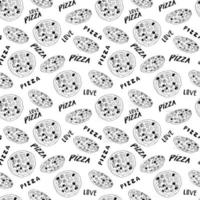 handgezeichnete Skizze des nahtlosen Musters der Pizza. ganze Pizza und Scheibe kritzelt Lebensmittelhintergrund. Vektorillustration vektor