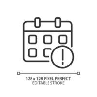 wichtig Benachrichtigung von Kalender Pixel perfekt linear Symbol. bevorstehende wichtig Fall. erhalten Erinnerung. dünn Linie Illustration. Kontur Symbol. Vektor Gliederung Zeichnung. editierbar Schlaganfall